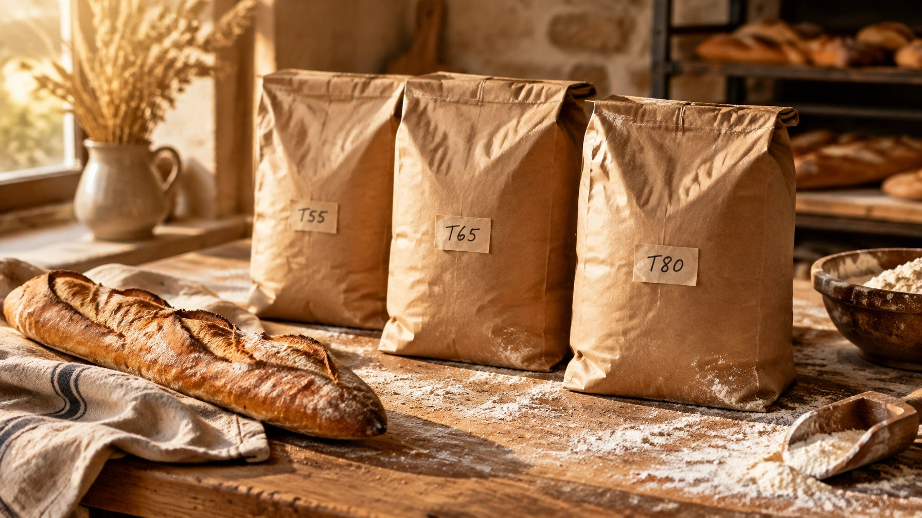 French flour grades and a fresh baguette on a rustic bakery workbench