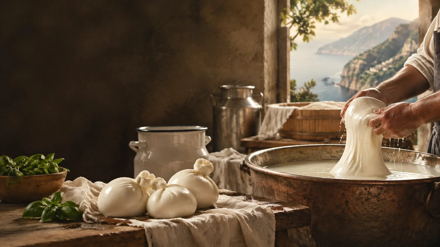 Period-inspired visual of traditional Italian stretched-curd cheesemaking
