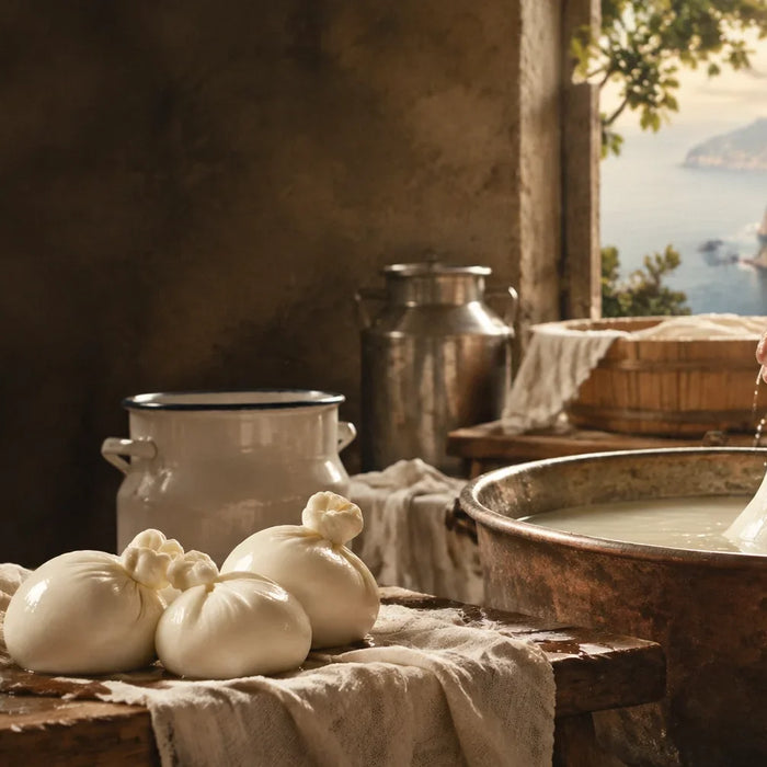 Period-inspired visual of traditional Italian stretched-curd cheesemaking