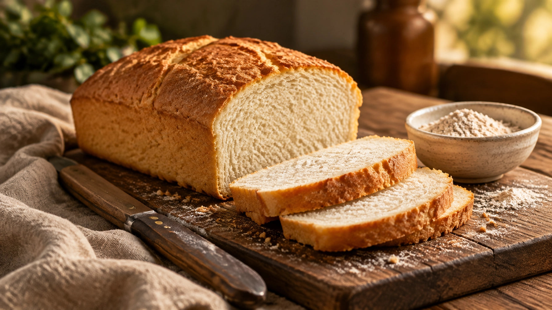 Freshly baked gluten-free white loaf, sliced on a rustic wooden board