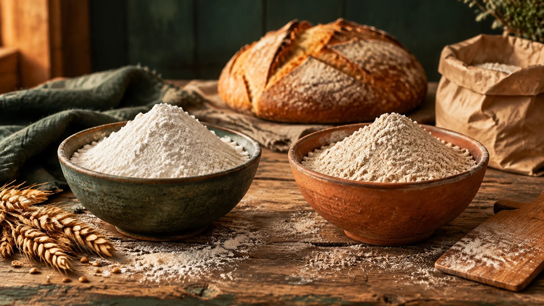 Two bowls of flour beside a rustic artisan loaf, showing the choice between unfortified and fortified flour