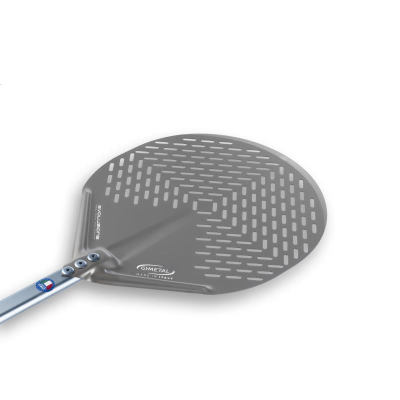 GI Metal Evoluzione Perforated Round Pizza Placement Peel - 33cm Head / 60cm Handle