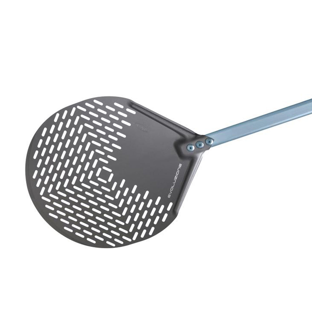 GI Metal Evoluzione Perforated Round Pizza Placement Peel - 33cm Head / 60cm Handle
