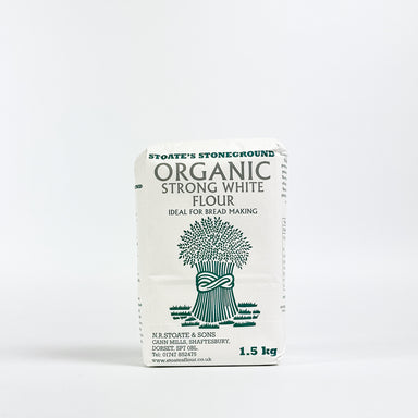 Stoates Organic Stoneground Strong White Bread Flour bag on a clean neutral background